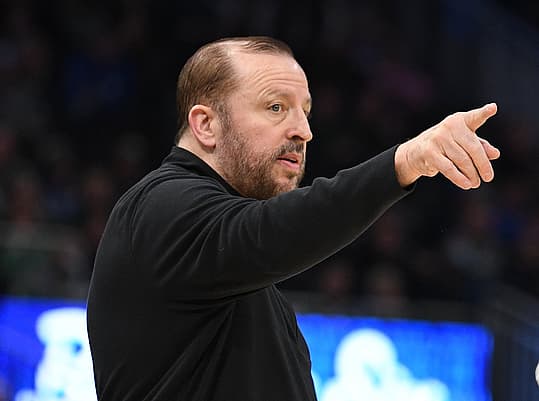 Dec 5, 2023; Milwaukee, Wisconsin, USA; New York Knicks coach Tom Thibodeau gestures towards New York Knicks guard Josh Hart (3) on the sideline against the Milwaukee Bucks in the first half at Fiserv Forum. Mandatory Credit: Michael McLoone-USA TODAY Sports