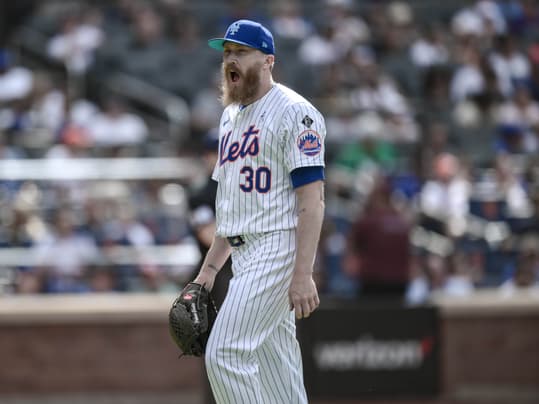 Jun 16, 2024; New York City, New York, USA; New York Mets pitcher Jake Diekman (30) reacts during a game against the San Diego Padres at Citi Field. Mandatory Credit: John Jones-USA TODAY Sports
