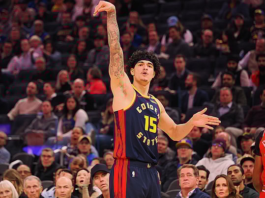 Jan 23, 2025; San Francisco, California, USA; Golden State Warriors forward Gui Santos (15) scores a three point basket against the Chicago Bulls during the second quarter at Chase Center. Mandatory Credit: Kelley L Cox-Imagn Images