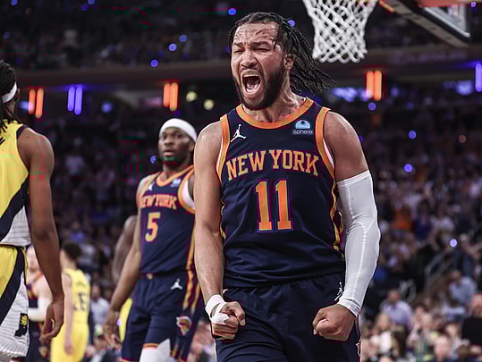 May 8, 2024; New York, New York, USA; New York Knicks guard Jalen Brunson (11) celebrates in the fourth quarter  after scoring against the Indiana Pacers during game two of the second round for the 2024 NBA playoffs at Madison Square Garden. Mandatory Credit: Wendell Cruz-USA TODAY Sports