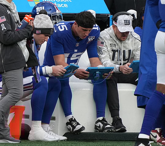 East Rutherford, NJ -- November 24, 2024 -- Tommy DeVito of the Giants on the bench in the fourth quarter as the Tampa Bay Buccaneers came to MetLife Stadium and defeated the New York Giants 30-7.