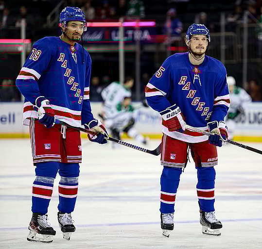 Jan 12, 2023; New York, New York, USA; New York Rangers defenseman K'Andre Miller (79) and New York Rangers defenseman Ryan Lindgren (55) during warmups before a game against the Dallas Stars at Madison Square Garden. Mandatory Credit: Danny Wild-Imagn Images