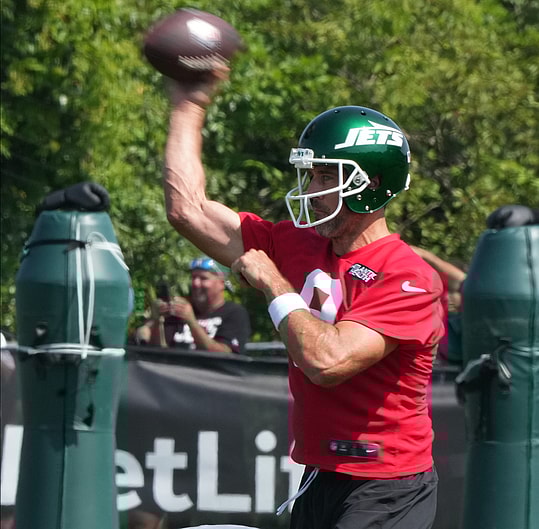 Florham Park, NJ -- July 27, 2024 -- Quarterback, Aaron Rodgers during the New York Jets training camp this morning.