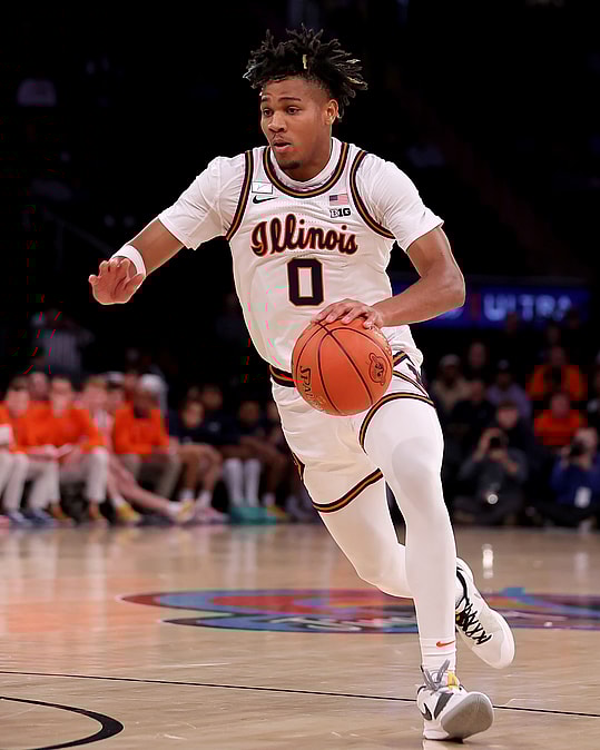 Dec 5, 2023; New York, New York, USA;  Illinois Fighting Illini guard Terrence Shannon Jr. (0) drives to the basket against the Florida Atlantic Owls during the first half at Madison Square Garden. Mandatory Credit: Brad Penner-USA TODAY Sports