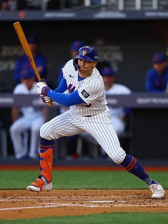 [US, Mexico & Canada customers only] June 8, 2024; London, UNITED KINGDOM; New York Mets player Brandon Nimmo at bat against the Philadelphia Phillies during a London Series baseball game at Queen Elizabeth Olympic Park. Mandatory Credit: Matthew Childs/Reuters via USA TODAY Sports