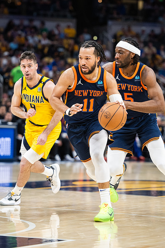 May 12, 2024; Indianapolis, Indiana, USA;  New York Knicks guard Jalen Brunson (11) dribbles the ball during game four of the second round for the 2024 NBA playoffs against the Indiana Pacers at Gainbridge Fieldhouse. Mandatory Credit: Trevor Ruszkowski-USA TODAY Sports