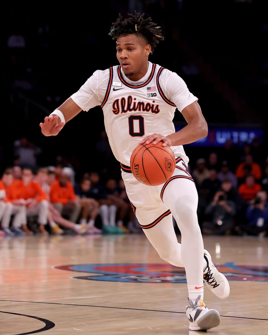 Dec 5, 2023; New York, New York, USA;  Illinois Fighting Illini guard Terrence Shannon Jr. (0) drives to the basket against the Florida Atlantic Owls during the first half at Madison Square Garden. Mandatory Credit: Brad Penner-USA TODAY Sports