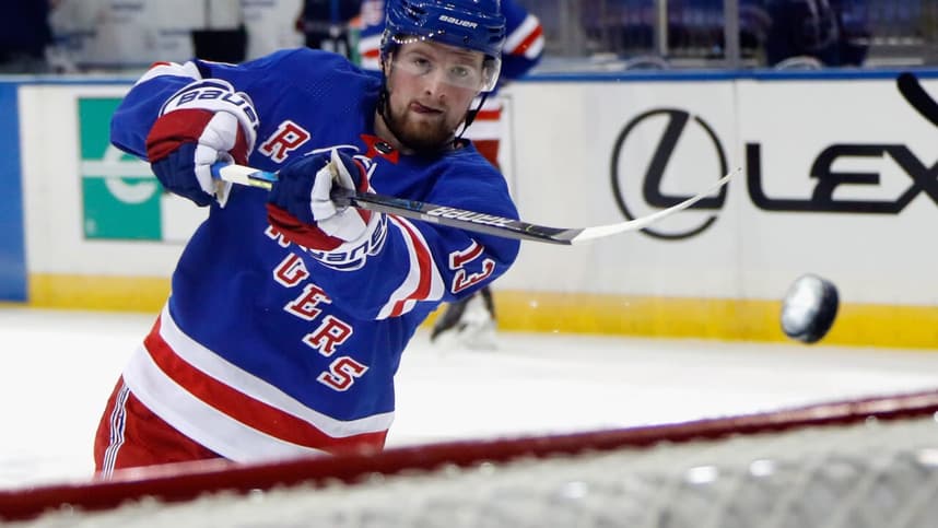 New York Rangers left wing Alexis Lafreniere warms up before the game against the New York Islanders at Madison Square Garden