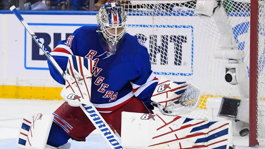 New York Rangers goaltender Igor Shesterkin (31) makes a save against the Pittsburgh Penguins during the second period in game two of the first round of the 2022 Stanley Cup Playoffs at Madison Square Garden