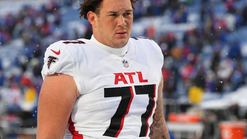 Atlanta Falcons guard Jalen Mayfield (77) following the game against the Buffalo Bills at Highmark Stadium (New York Giants)