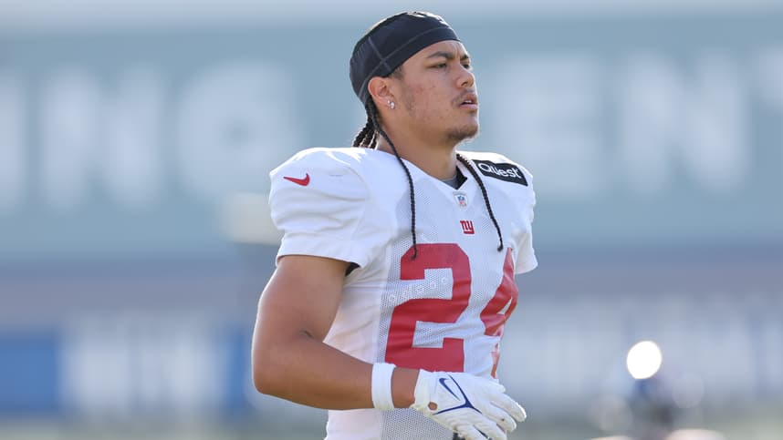 New York Giants safety Dane Belton (24) during training camp at the Quest Diagnostics Training Facility.