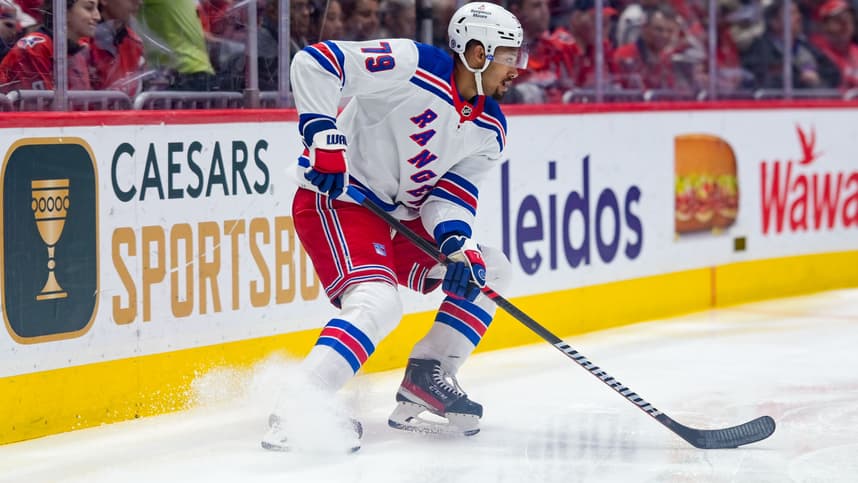 New York Rangers defenseman K'Andre Miller (79) looks to pass during the first period against the Washington Capitals at Capital One Arena