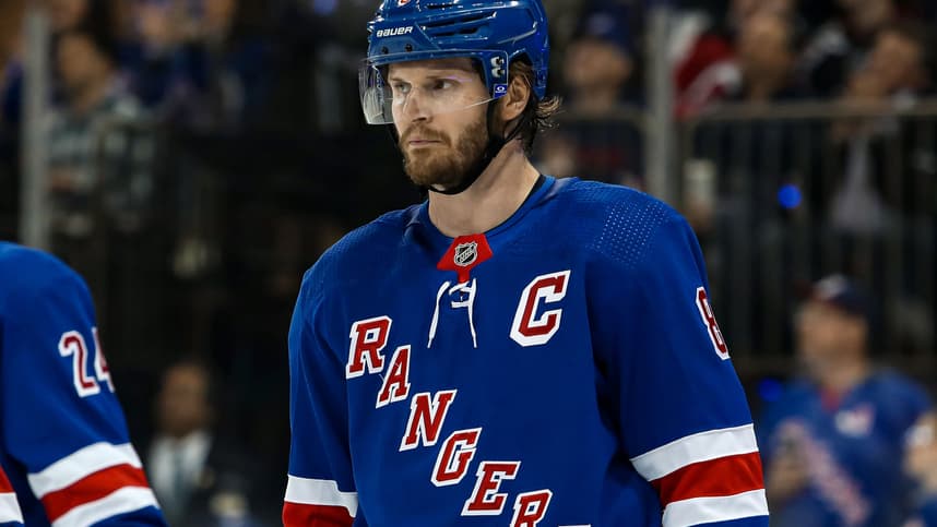 New York Rangers defenseman Jacob Trouba (8) during the first period against the New Jersey Devils in game six of the first round of the 2023 Stanley Cup Playoffs at Madison Square Garden