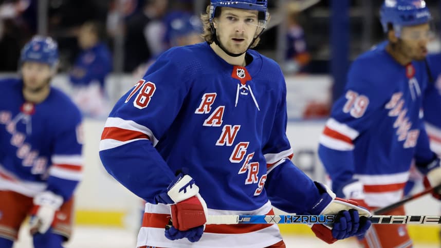 New York Rangers left wing Brennan Othmann (78) looks out during warmups before a game against the New York Islanders at Madison Square Garden