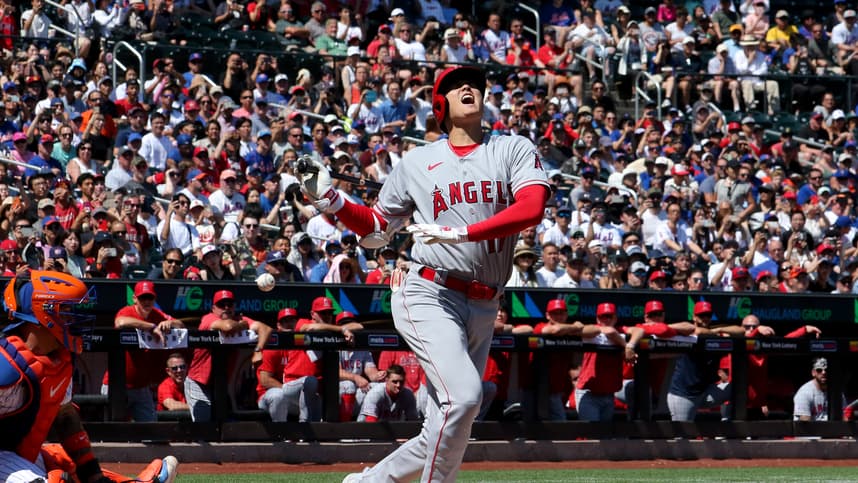 Los Angeles Angels designated hitter Shohei Ohtani (17) reacts after fouling a ball off his foot during the first inning against the New York Mets at Citi Field