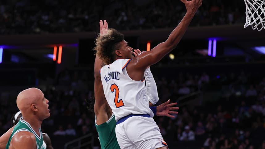 New York Knicks guard Miles McBride (2) drives to the basket during the second half against the Boston Celtics at Madison Square Garden