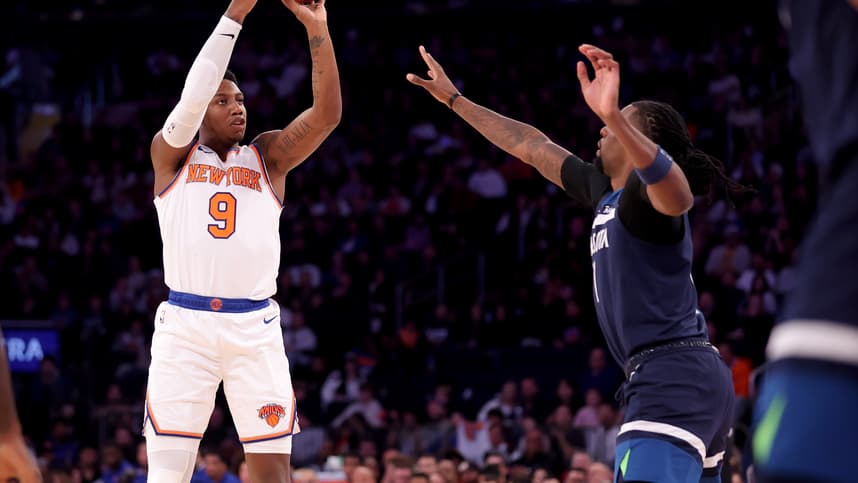 New York Knicks guard RJ Barrett (9) takes a shot against Minnesota Timberwolves center Naz Reid (11) during the third quarter at Madison Square Garden