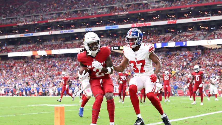 Arizona Cardinals wide receiver Marquise Brown (2) catches a touchdown pass against New York Giants cornerback Tre Hawkins III (37) during the second half at State Farm Stadium