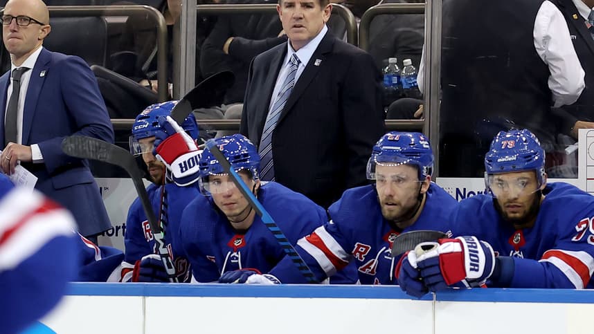 New York Rangers head coach Peter Laviolette coaches against the Arizona Coyotes during the third period at Madison Square Garden