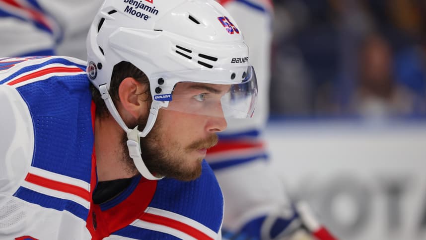 New York Rangers defenseman Ryan Lindgren (55) waits for the face-off during the third period against the Buffalo Sabres