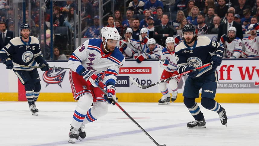 New York Rangers defenseman K'Andre Miller (79) looks to pass against the Columbus Blue Jackets during the second period at Nationwide Arena