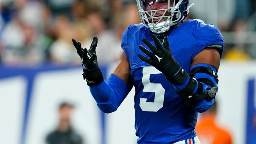 New York Giants linebacker Kayvon Thibodeaux (5) reacts to nearly intercepting Seattle Seahawks quarterback Geno Smith (not pictured) in the first half at MetLife Stadium
