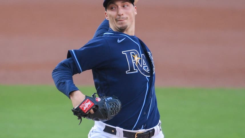 Tampa Bay Rays starting pitcher Blake Snell (4) pitches against the New York Yankees during the first inning in game one of the 2020 ALDS at Petco Park