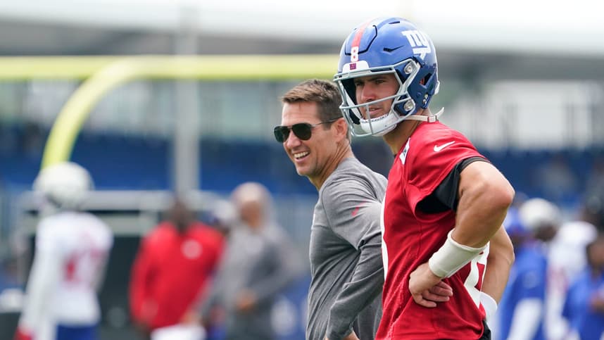 New York Giants quarterback Daniel Jones (8) and general manager Joe Schoen, left, on day two of training camp at the Quest Diagnostics Training Facility