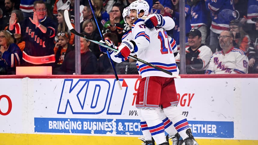 New York Rangers right wing Blake Wheeler (17) celebrates with left wing Chris Kreider (20) after scoring a goal against the Philadelphia Flyers in the first period at Wells Fargo Center