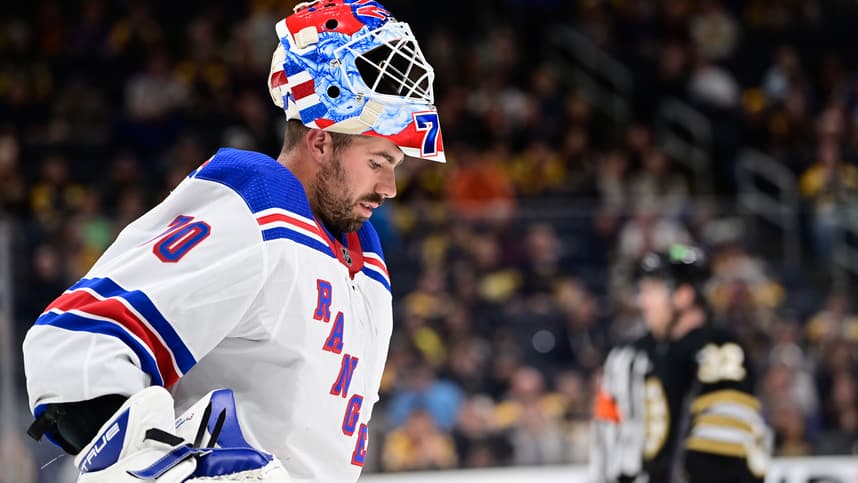 New York Rangers goalie Louis Domingue (70)  waits for play to begin against the Boston Bruins during the third period at TD Garden