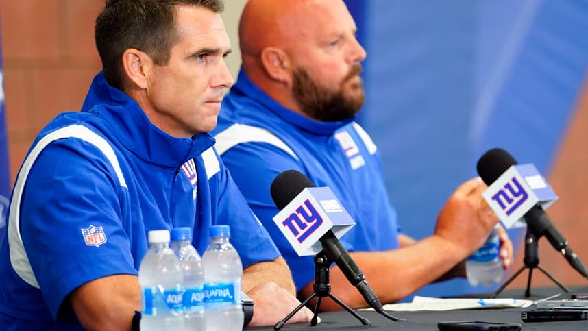 New York Giants general manager Joe Schoen, left, and head coach Brian Daboll hold a press conference before the first day of training camp at Quest Diagnostics Training Center in East Rutherford