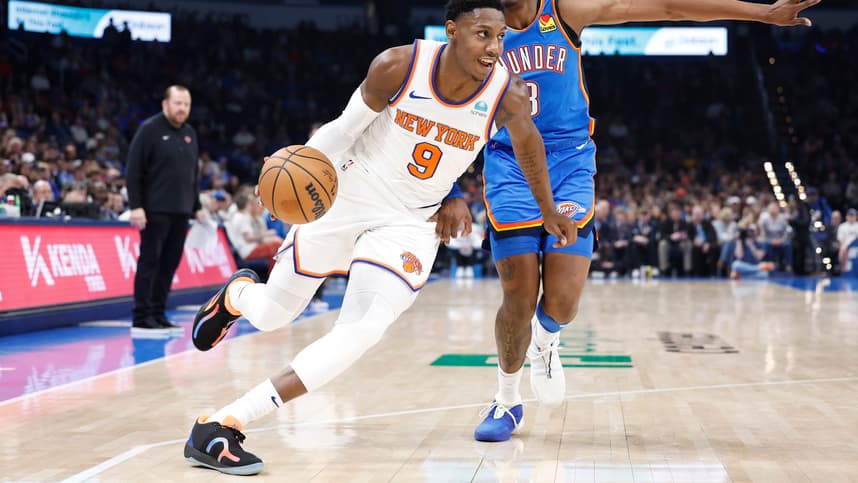 New York Knicks guard RJ Barrett (9) moves around Oklahoma City Thunder forward Jalen Williams (8) during the second quarter at Paycom Center