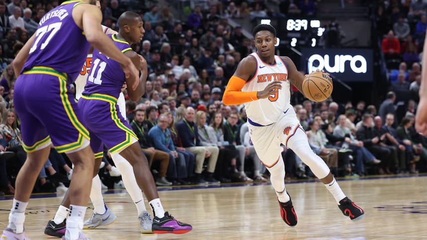 New York Knicks guard RJ Barrett (9) drives to the basket against the Utah Jazz during the second quarter at Delta Center