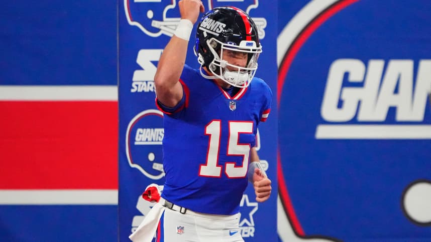 New York Giants quarterback Tommy DeVito (15) reacts before the game against the Green Bay Packers at MetLife Stadium