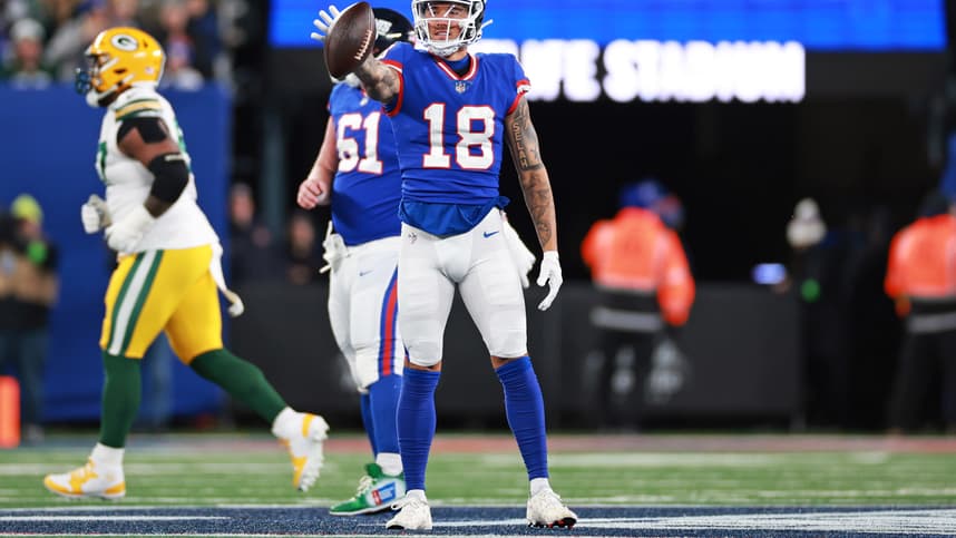 New York Giants wide receiver Isaiah Hodgins (18) reacts during the second quarter against the Green Bay Packers at MetLife Stadium