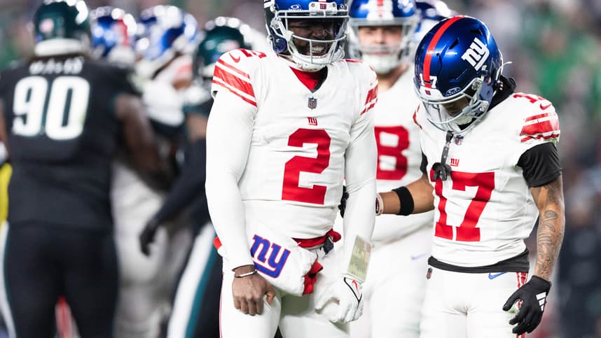New York Giants quarterback Tyrod Taylor (2) reacts after a being tackled hard against the Philadelphia Eagles during the third quarter at Lincoln Financial Field