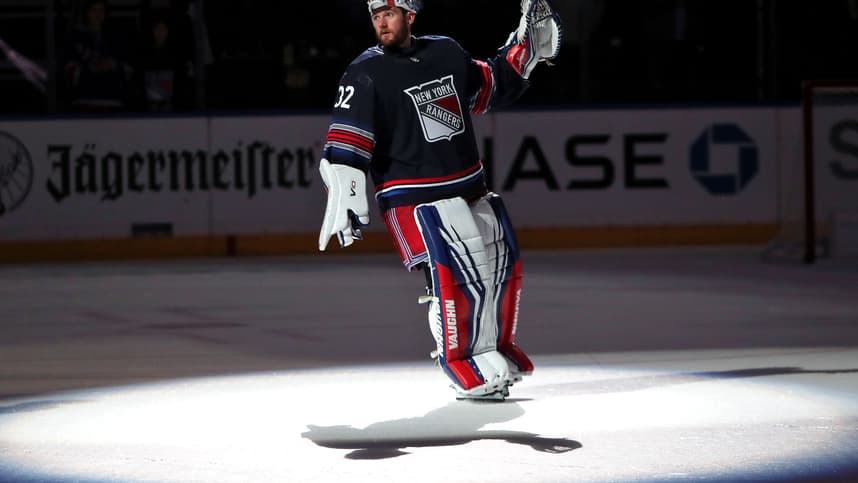 New York Rangers goalie Jonathan Quick (32) is acknowledged as the first star of a 4-1 win against the Los Angeles Kings at Madison Square Garden