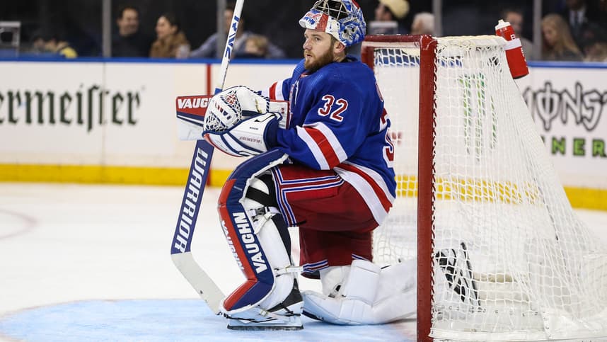 New York Rangers goaltender Jonathan Quick (32) gets ready for play to resume in the third period against the San Jose Sharks at Madison Square Garden