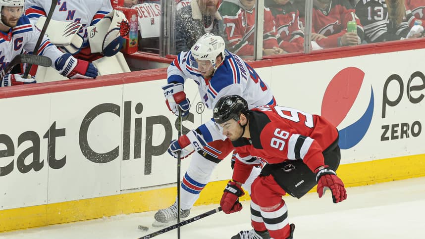 New York Rangers right wing Vladimir Tarasenko (91) battles New Jersey Devils right wing Timo Meier (96) for the puck during the first period in game seven of the first round of the 2023 Stanley Cup Playoffs at Prudential Center