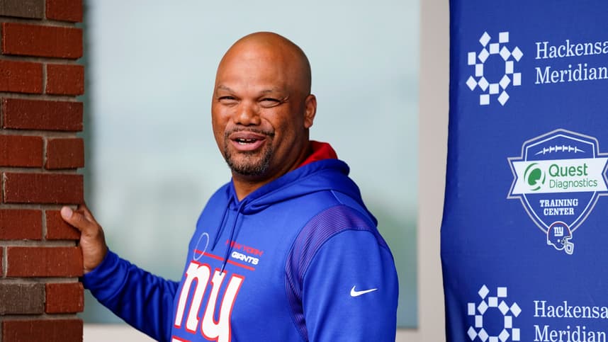 New York Giants special teams coordinator Thomas McGaughey jokes with reporters that he's no longer the young coach with players calling him, "O.G. and unc."