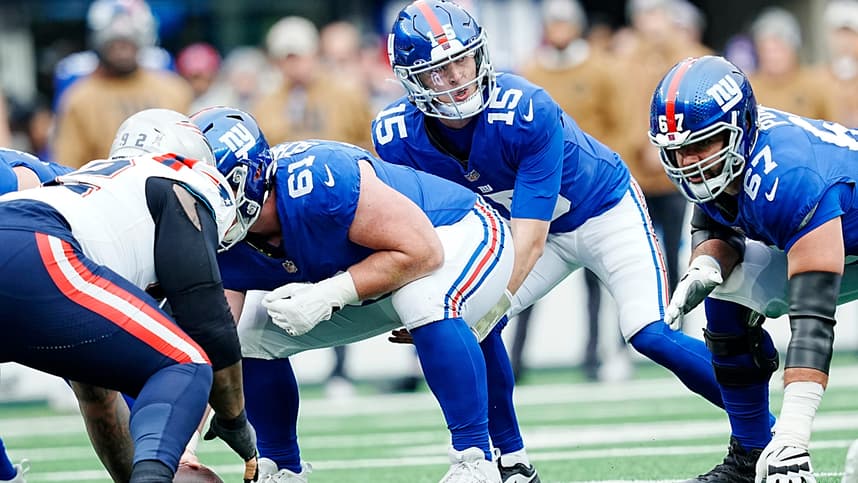 New York Giants quarterback Tommy DeVito (15) is shown during the first quarter at MetLife Stadium