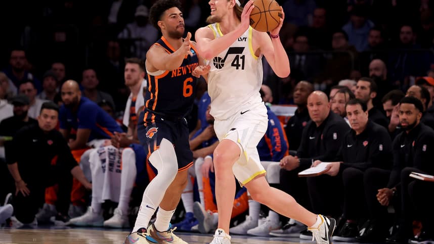 Utah Jazz forward Kelly Olynyk (41) controls the ball against New York Knicks guard Quentin Grimes (6) during the first quarter at Madison Square Garden