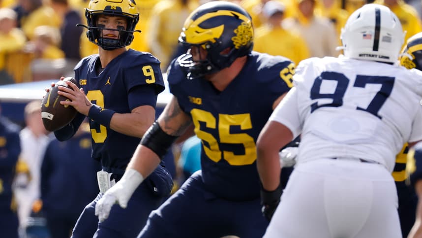 Michigan Wolverines quarterback J.J. McCarthy (9) (New York Giants draft prospect) passes in the second half against the Penn State Nittany Lions at Michigan Stadium