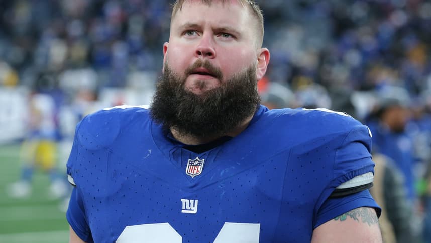 New York Giants guard Mark Glowinski (64) after a game against the Los Angeles Rams at MetLife Stadium