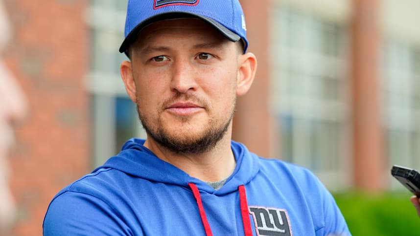 New York Giants quarterbacks coach Shea Tierney talks to reporters on day two of mandatory minicamp at the Giants training center