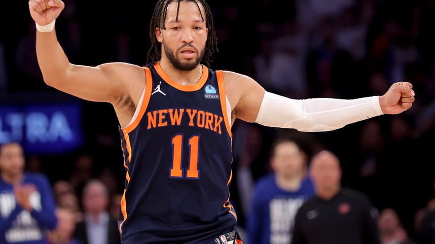 New York Knicks guard Jalen Brunson (11) reacts during the fourth quarter against the Detroit Pistons at Madison Square Garden