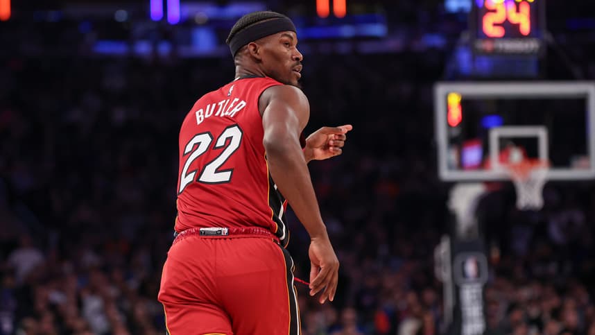 Jan 27, 2024; New York, New York, USA; Miami Heat forward Jimmy Butler (22) reacts after a basket against the New York Knicks during the first half at Madison Square Garden. Mandatory Credit: Vincent Carchietta-USA TODAY Sports