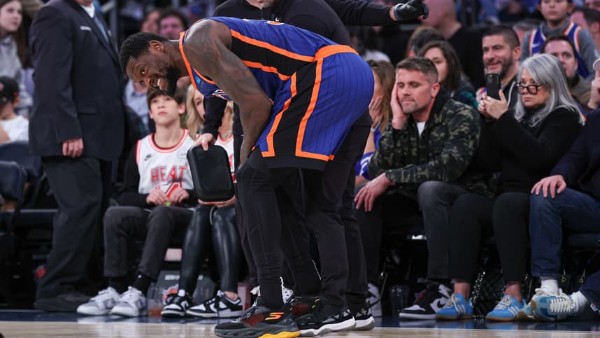 New York Knicks forward Julius Randle (30) is helped by medical staff after an injury during the second half against the Miami Heat at Madison Square Garden