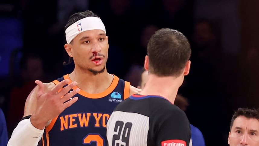 New York Knicks guard Josh Hart (3) argues with referee Mark Lindsay (29) after no foul was called on New Orleans Pelicans forward Zion Williamson (not pictured) on a play that resulted in Hart's bloody nose during the first quarter at Madison Square Garden