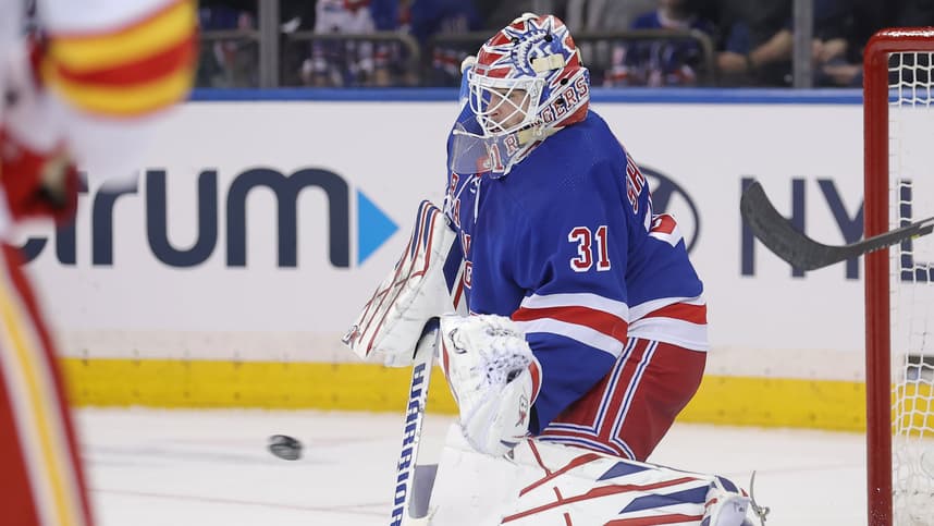 New York Rangers goaltender Igor Shesterkin (31) makes a save against the Calgary Flames during the second period at Madison Square Garden